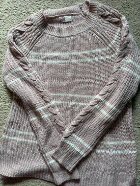 SO Pink Striped Chunky Knit Sweater | Cozy Cable Sleeve Pullover Size M